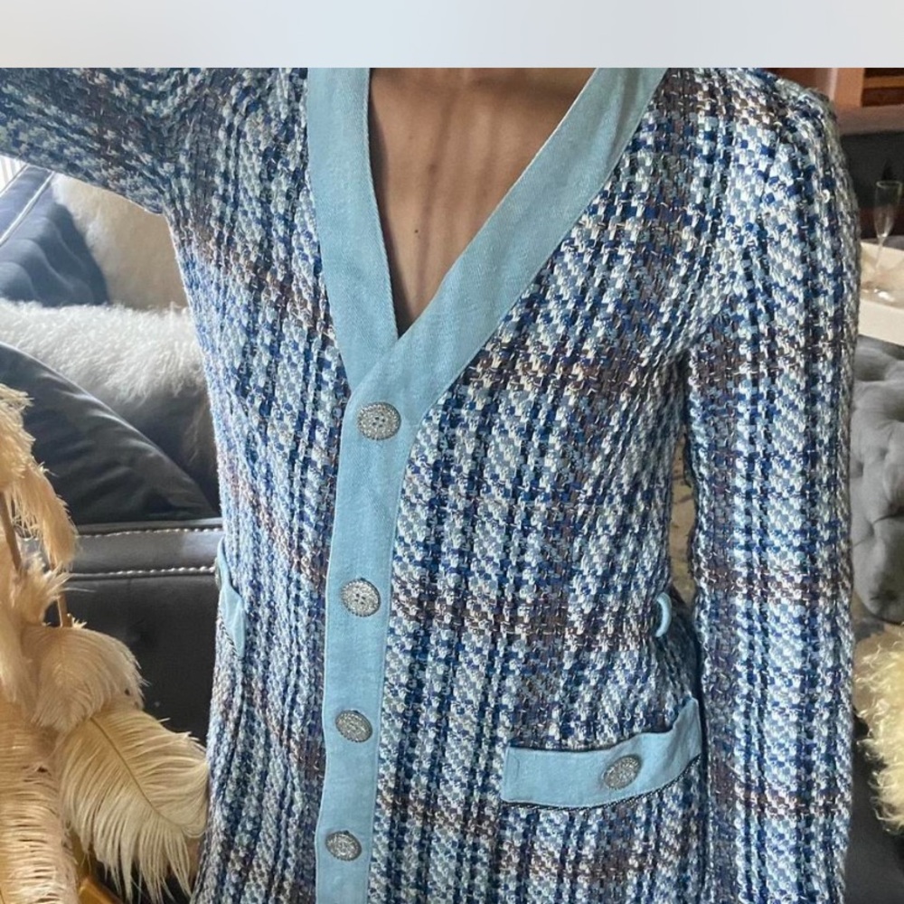 Zara Blue and White Tweed Blazer